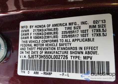 2013 Honda Crosstour Ex-L z USA, uszkodzony, nr VIN 5J6TF3H55DL002726